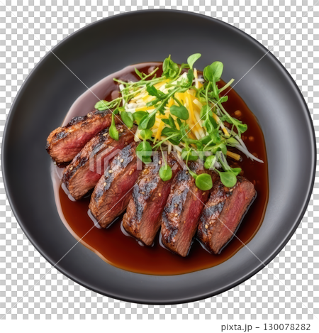 Seared Wagyu Beef Tataki Served with Truffle Soy Glaze and Daikon Radish Julienne in Elegant Plating 130078282