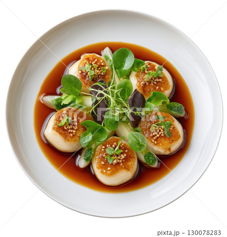 Steamed Grouper Cheek with Mirin Beurre Blanc, Baby Lotus Stem, and Confit Wakame Slices on Elegant Plate 130078283