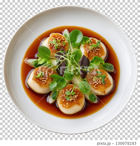 Steamed Grouper Cheek with Mirin Beurre Blanc, Baby Lotus Stem, and Confit Wakame Slices on Elegant Plate 130078283