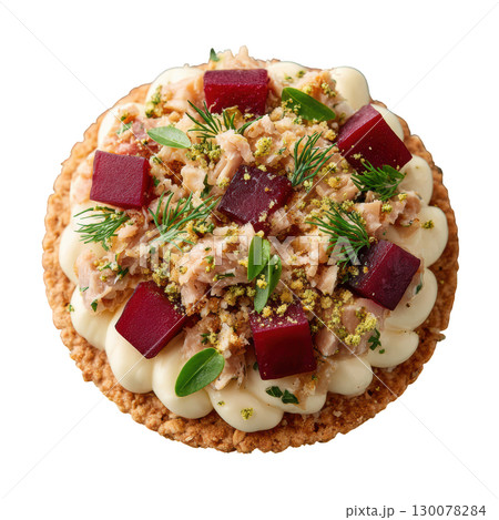 Delicate Smoked Mackerel Rillette on Crisp Oat Cracker with Pickled Beetroot and Horseradish Creme Fraiche 130078284