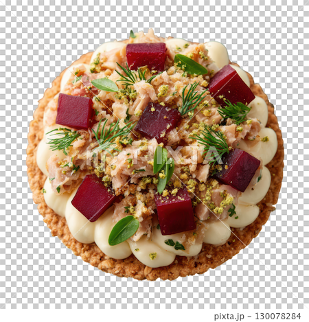 Delicate Smoked Mackerel Rillette on Crisp Oat Cracker with Pickled Beetroot and Horseradish Creme Fraiche 130078284