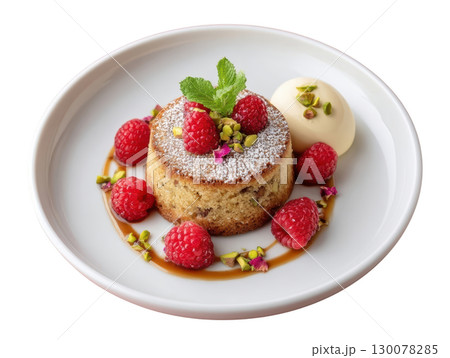 Elegant Pistachio and Rose Financier Cake with Raspberries and Cream on a White Plate 130078285