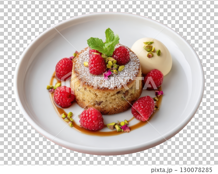 Elegant Pistachio and Rose Financier Cake with Raspberries and Cream on a White Plate 130078285