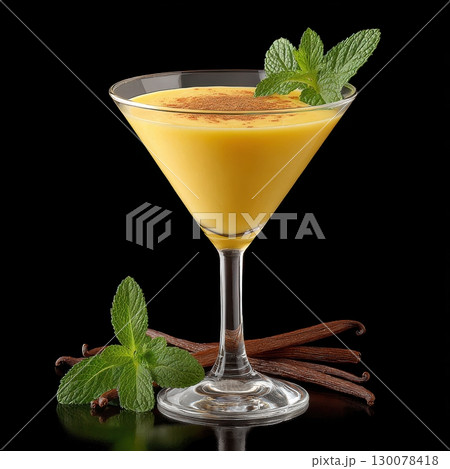 Refreshing Vanilla Dream Cocktail Served in Elegant Glass Garnished with Mint and Vanilla Pods 130078418