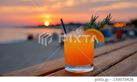 Refreshing Tropical Cocktail on Beachside Bar with Sunset View Refreshing Tropical Cocktail on Beachside Bar with Sunset View 130078426