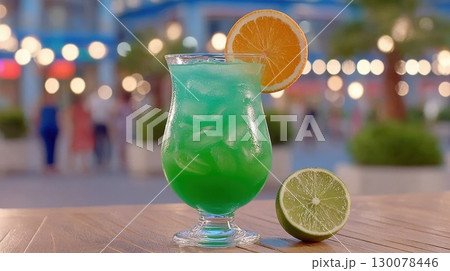 Chilled Cocktail in Curvy Glass with Orange Slice and Lime on Table in Vibrant Outdoor Setting 130078446