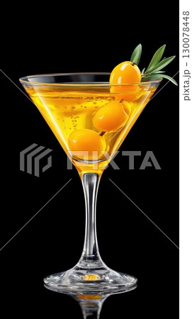 Bright Yellow Cocktail in Elegant Glass with Olive Garnish on Black Background 130078448