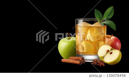 Refreshing Spiced Orchard Cocktail with Apples and Cinnamon on a Black Background 130078456