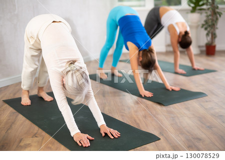 Group of different ages healthy lifestyle practicing pilates at studio Group of different ages healthy lifestyle practicing pilates at studio 130078529
