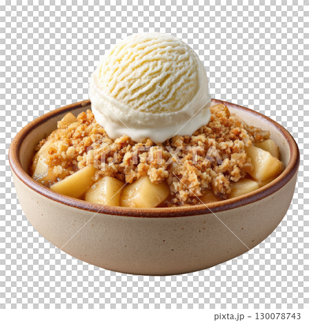 Golden Cinnamon Apple Crumble with Vanilla Ice Cream Served in a Bowl 130078743