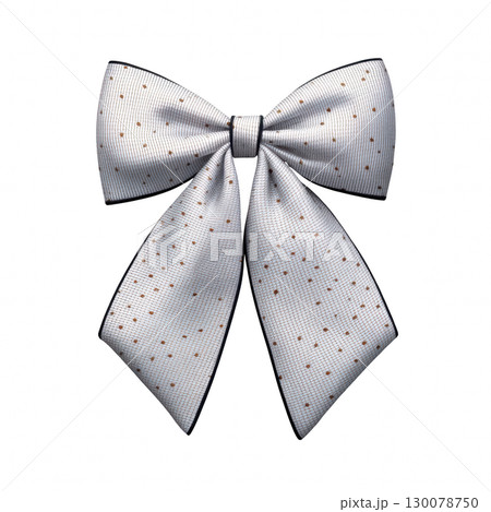 White bow with brown polka dots and subtle grid pattern, elegant accessory for decoration or fashion style 130078750