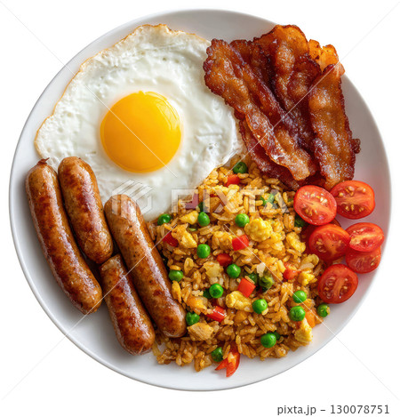 Delicious Plate of Fried Rice with Fried Bacon, Fried Egg, and Fried Sausages Served with Cherry Tomatoes 130078751