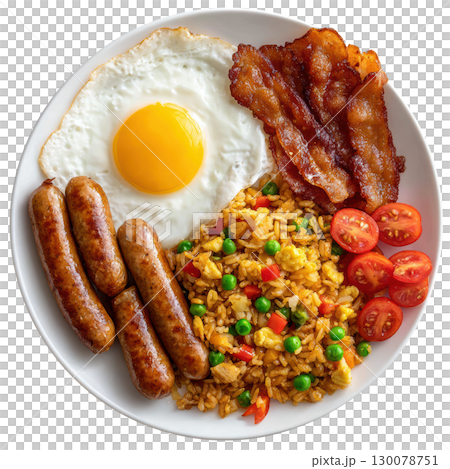 Delicious Plate of Fried Rice with Fried Bacon, Fried Egg, and Fried Sausages Served with Cherry Tomatoes 130078751