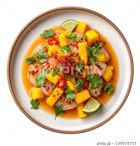 Fresh Grouper Ceviche with Mango, Chili, and Edible Marigold Petals on a White Plate 130078753
