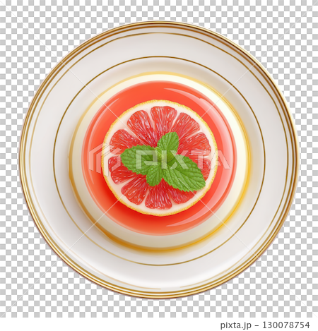 Shimmering Blood Orange Gelee Layered Over Vanilla Cream Base with Candied Zest and Tarragon Garnish 130078754