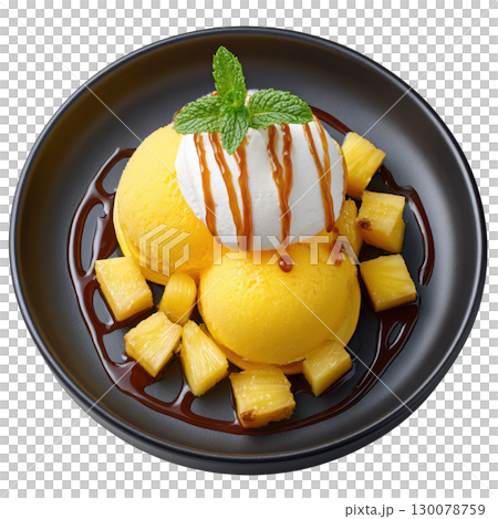 Refreshing Pineapple Sorbet Served with Coconut Meringue and Drizzled Rum Reduction in a Modern Bowl 130078759