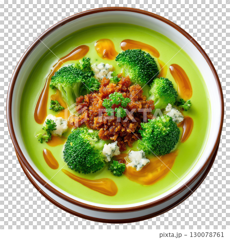Vibrant Green Broccoli and Stilton Veloute Soup with Cheese Crumble and Walnut Oil Drizzle 130078761