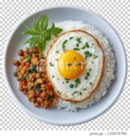 Crispy Fried Pork Mince with Holy Basil and Chili Served on Jasmine Rice Topped with a Fried Egg Crispy Fried Pork Mince with Holy Basil and Chili Served on Jasmine Rice Topped with a Fried Egg 130078766