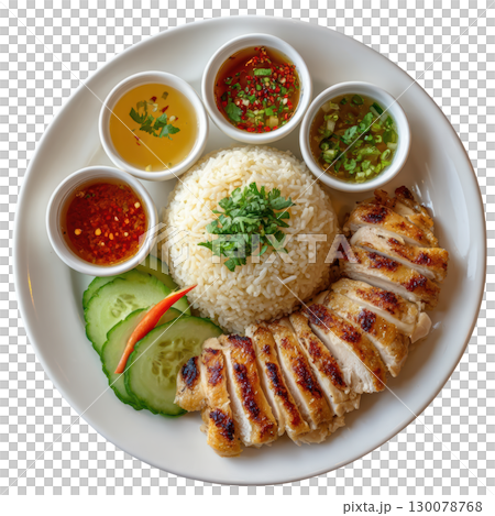 Tender Chicken and Neatly Grained Rice with Dipping Sauces and Fresh Cucumber Slices for an Inviting Meal 130078768
