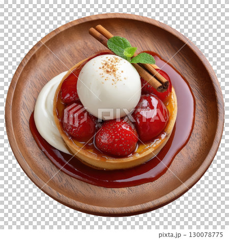 Roasted Plums in Cinnamon Glaze on Crisp Pastry Base Topped with Vanilla Cream and Cinnamon Stick 130078775