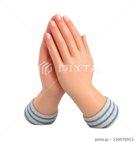 Realistic depiction of two hands in a praying gesture with soft skin texture and neatly manicured nails 130078913
