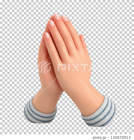 Realistic depiction of two hands in a praying gesture with soft skin texture and neatly manicured nails 130078913