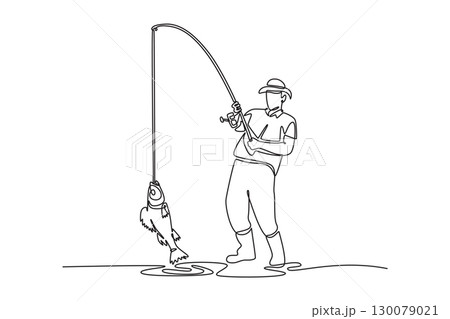 Continuous one line drawing young man celebrating successful catch, pulling fish out of water. Symbolizing victory, achievement, and joy of hobby. Single line draw design vector graphic illustration 130079021