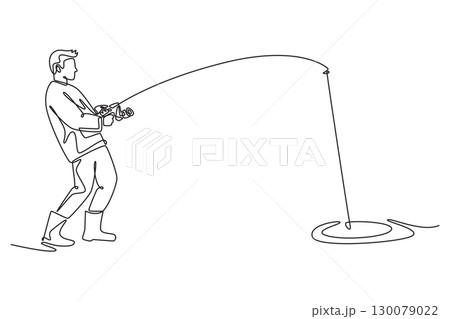 Continuous one line drawing male fisherman in action, representing the intense struggle, patience, and concentration required to land a large fish. Single line draw design vector graphic illustration 130079022