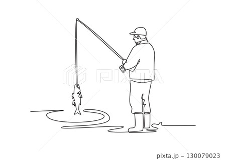 Continuous one line drawing back view of man celebrating successful catch fish out of water, symbolizing victory, achievement, and rewarding hobby. Single line draw design vector graphic illustration Continuous one line drawing back view of man celebrating successful catch fish out of water, symbolizing victory, achievement, and rewarding hobby. Single line draw design vector graphic illustration 130079023