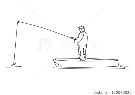 Single continuous line drawing man stands in a small boat fishing with rod and reel. Symbolizing adventure, patience, and peaceful thrill of outdoors. One line draw graphic design vector illustration 130079029