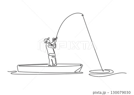 Single continuous line drawing man in boat fighting catch with bent fishing rod. Symbolizing adventure, determination, and thrill of fishing. Dynamic one line draw graphic design vector illustration 130079030