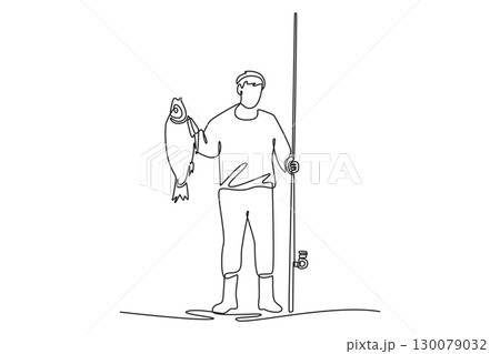 Single continuous line drawing male fisherman with a fish, representing the triumph of fishing, the reward of patience, and a successful catch. Dynamic one line draw graphic design vector illustration 130079032