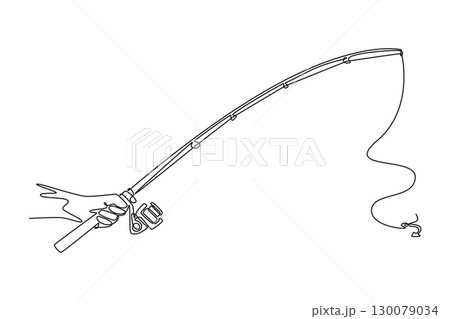 Single continuous line drawing human hand is holding fishing rod with reel. Symbolizing start of new adventure, hobby, and the anticipation of catch. One line draw graphic design vector illustration Single continuous line drawing human hand is holding fishing rod with reel. Symbolizing start of new adventure, hobby, and the anticipation of catch. One line draw graphic design vector illustration 130079034