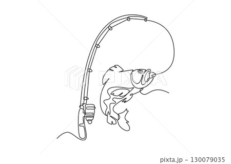 Single one line drawing a big fish is jumping out of water after taking a hook. Symbolizing thrill of fishing, struggle of catch, and successful hunt. Continuous line draw design vector illustration 130079035