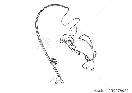 Single one line drawing fish is jumping out of water after taking a hook. Symbolizing thrill of fishing, struggle of catch, and successful hunt. Continuous line draw design graphic vector illustration 130079036