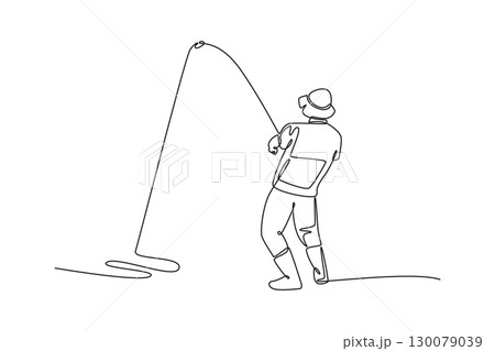 Single one line drawing back view man fighting a big catch with severely bent fishing rod. Symbolizing strength, determination, and thrill of fight. Continuous line design graphic vector illustration 130079039