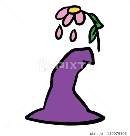 Hand drawn Halloween illustration of witch hat and withered flower for decoration, Halloween costume, cartoon character, comic, mascot, sticker, icon, patch, brooch, print, standee, trick or treat 130079508