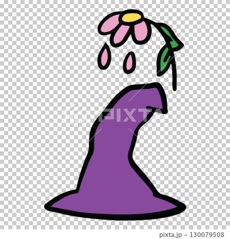 Hand drawn Halloween illustration of witch hat and withered flower for decoration, Halloween costume, cartoon character, comic, mascot, sticker, icon, patch, brooch, print, standee, trick or treat 130079508