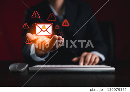 Concept of email security inbox alert, notification icon, warning spam, junk mail, virus compromise information, highlighting of protection in internet communication, modern email technology. Concept of email security inbox alert, notification icon, warning spam, junk mail, virus compromise information, highlighting of protection in internet communication, modern email technology. 130079585
