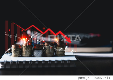 Global economic crisis, marked by rising inflation, financial downturn, stock market crash, falling graphs, charts, inflation concept and economic recession by higher interest rates in world economy. 130079614