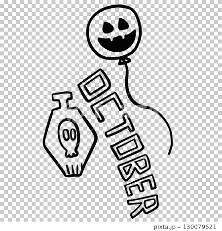 Hand drawn Halloween outline of spooky pumpkin balloon, OCTOBER letters, tombstone for decoration, Halloween party, cartoon character, comic, sticker, trick or treat, post card, kid colouring book 130079621