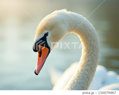 Elegant Close Up Swan Portrait In Golden Hour Light Reflecting Water 130079967