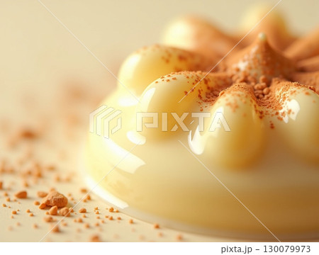 Close Up Creamy Vanilla Pudding with Cocoa Powder Dessert Delicacy 130079973