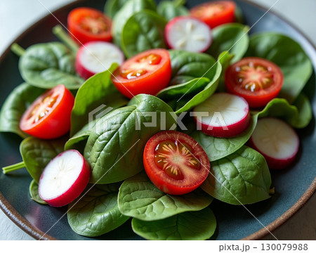 Fresh and Vibrant Close Up of Spinach Salad with Tomato and Radish 130079988