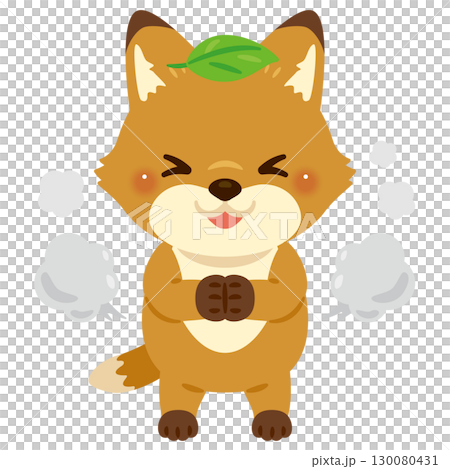 Character illustration of a fox trying to disguise himself by putting a leaf on his head 130080431