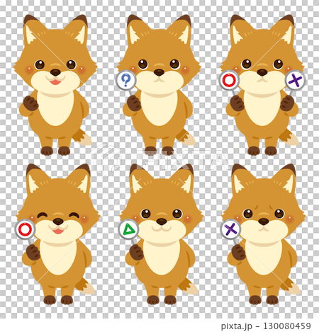 一組狐狸角色插圖，手持圓形、圓形、三角形和三角形卡片 130080459