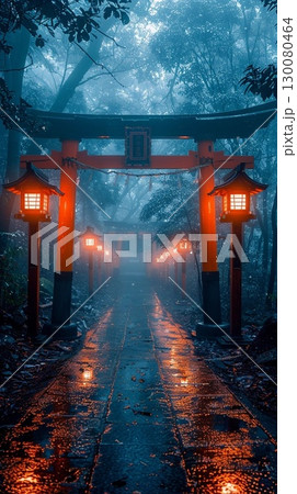 霧の参道と朱色の鳥居 ― 静かな日本の情景 130080464
