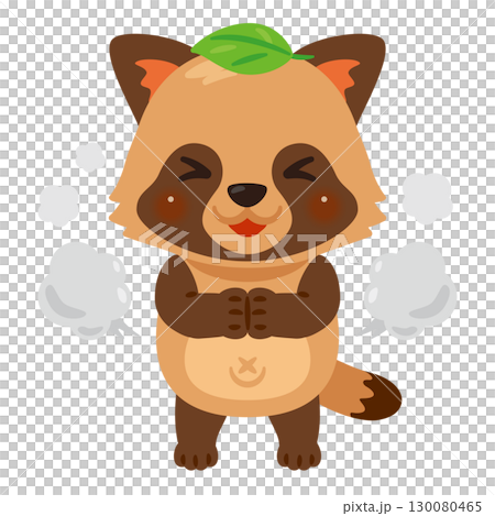 Character illustration of a raccoon trying to disguise itself by putting a leaf on its head 130080465