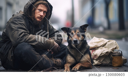 Homeless man with dog on the street close-upのイラスト素材 [130080603] - PIXTA