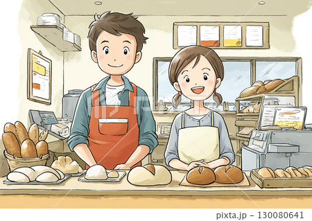 パン屋で店頭にパンを並べるスタッフ 130080641
